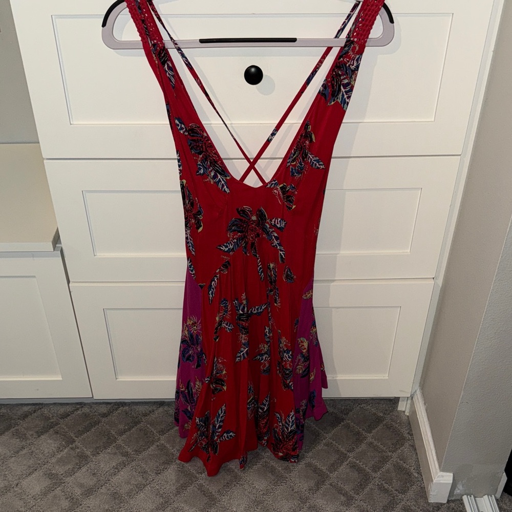 Free People Red Floral Mini Dress with Purple Panels